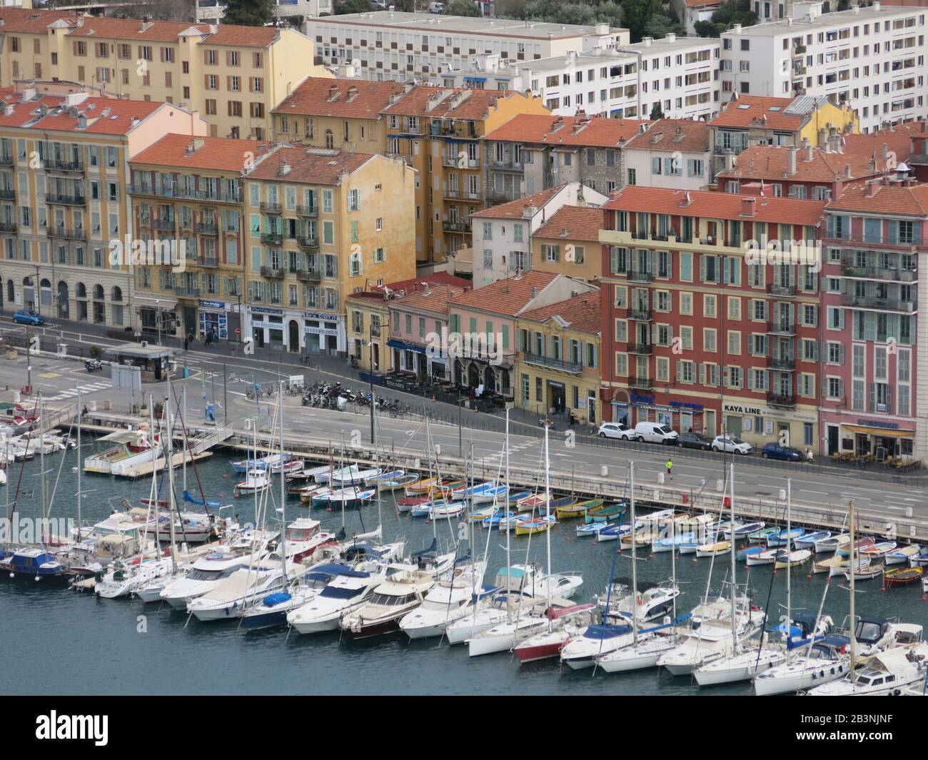 Aerial view of the Port de Nice in the French Riviera; rows of big