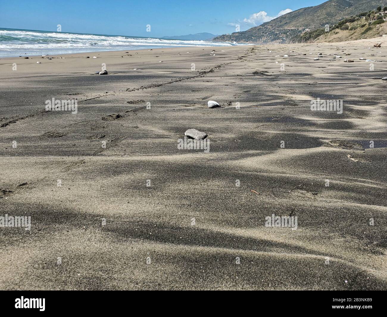Petroleum contaminated sandy sea shore ecosystem damage,pollution cilento italy  Stock Photo
