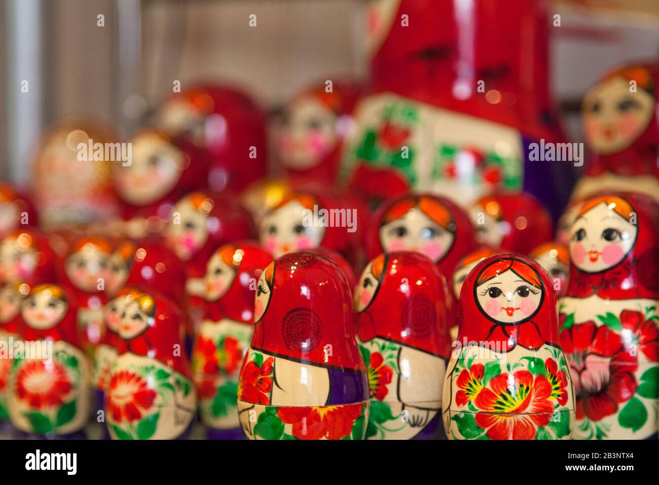 Group of Matryoshka dolls on a market stall. Stock Photo