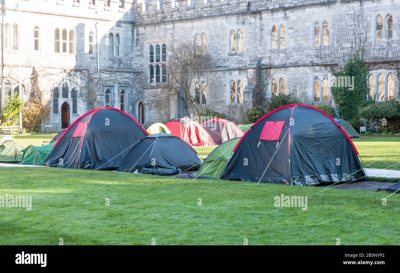 Cork City, Cork, Ireland. 05th March, 2020. Students from University  College Cork have erected tents on the College Quad in protest at the  Universities decision to increase rents for a third time