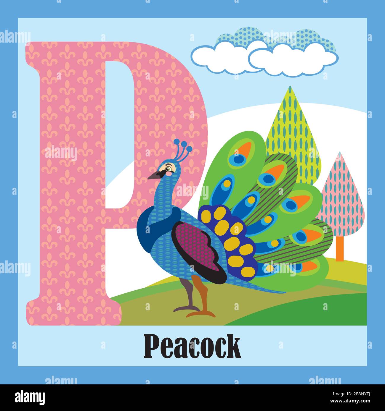 Vector cartoon flashcards of animal alphabet, letter P. Colorful cartoon illustration of letter P and peacock vector character. Bright colors zoo wild Stock Vector