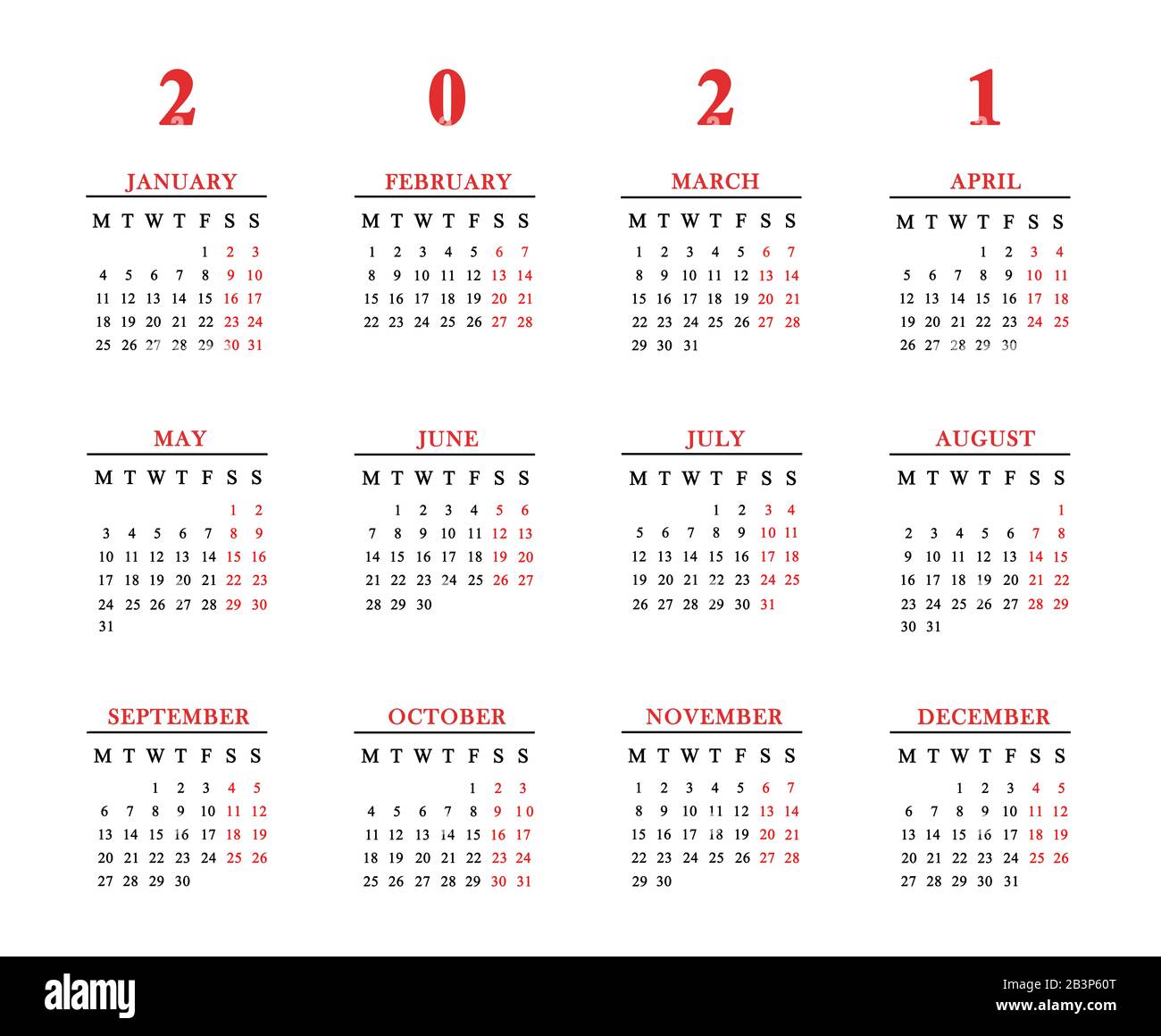 Calendar for 2021 on white background. Stock Photo