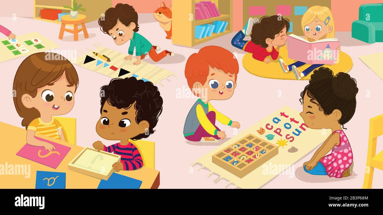 The Literature Area of Montessori Class. Children practice writing letters parts of the speech and words. Girls are reading books to each other in a Stock Vector