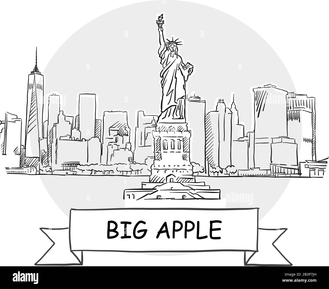 Big Apple Cityscape Vector Sign. Line Art Illustration with Ribbon and Title. Stock Vector