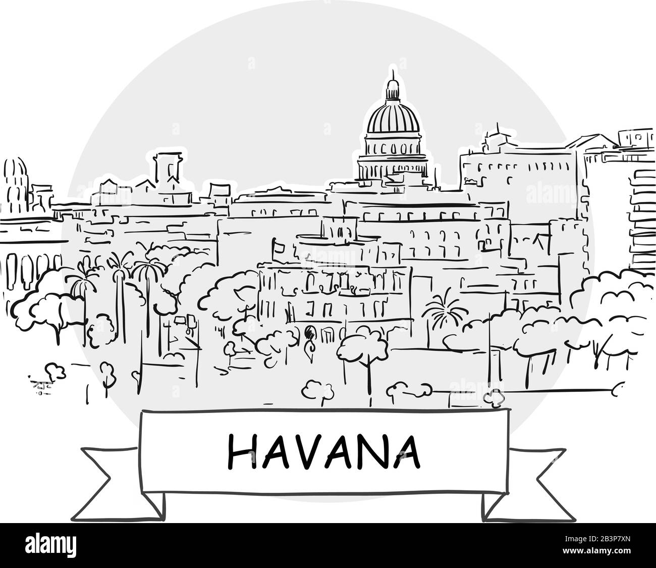 Havana Cityscape Vector Sign. Line Art Illustration with Ribbon and Title. Stock Vector