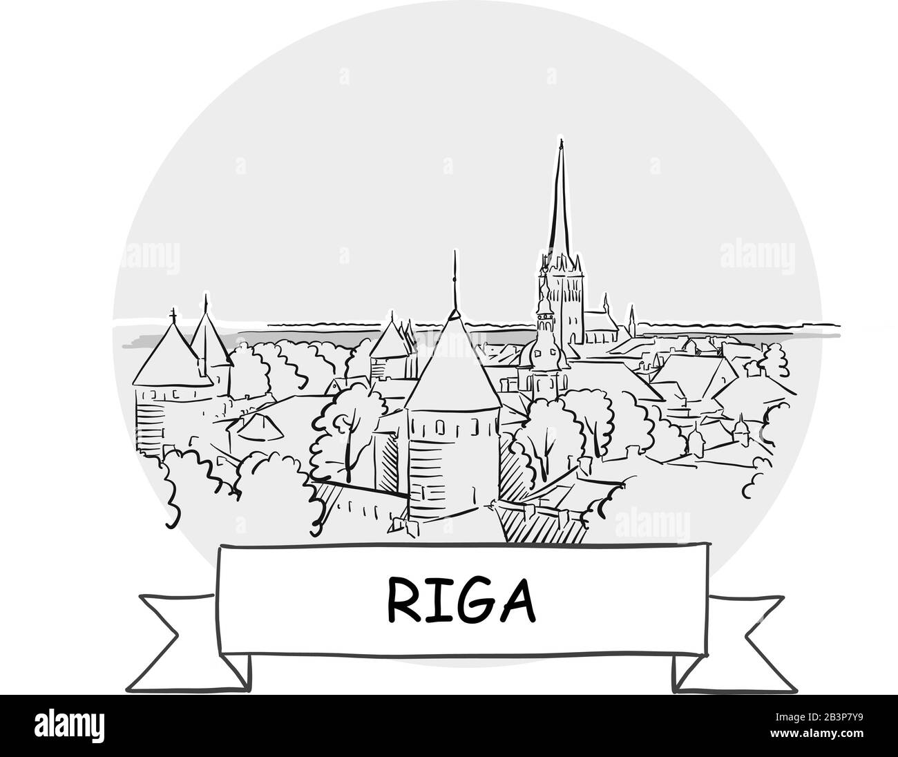 Riga Cityscape Vector Sign Line Art Illustration With Ribbon And Title Stock Vector Image And Art 1797