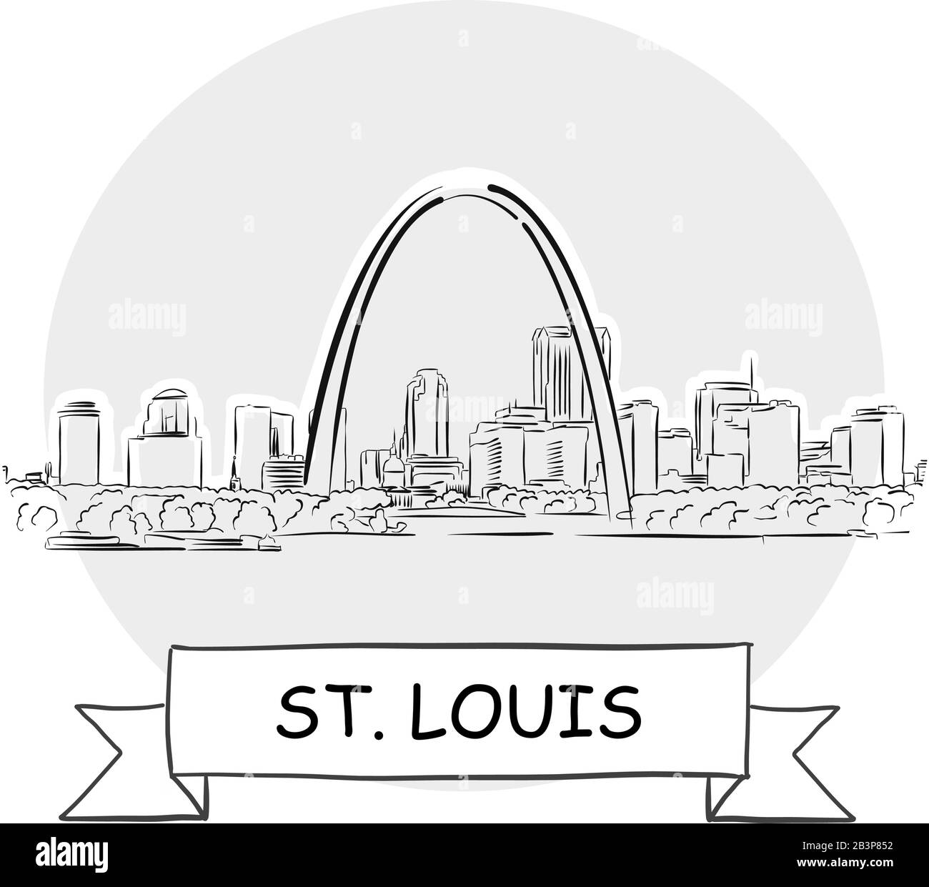 St. Louis Cityscape Vector Sign. Line Art Illustration with Ribbon and Title. Stock Vector