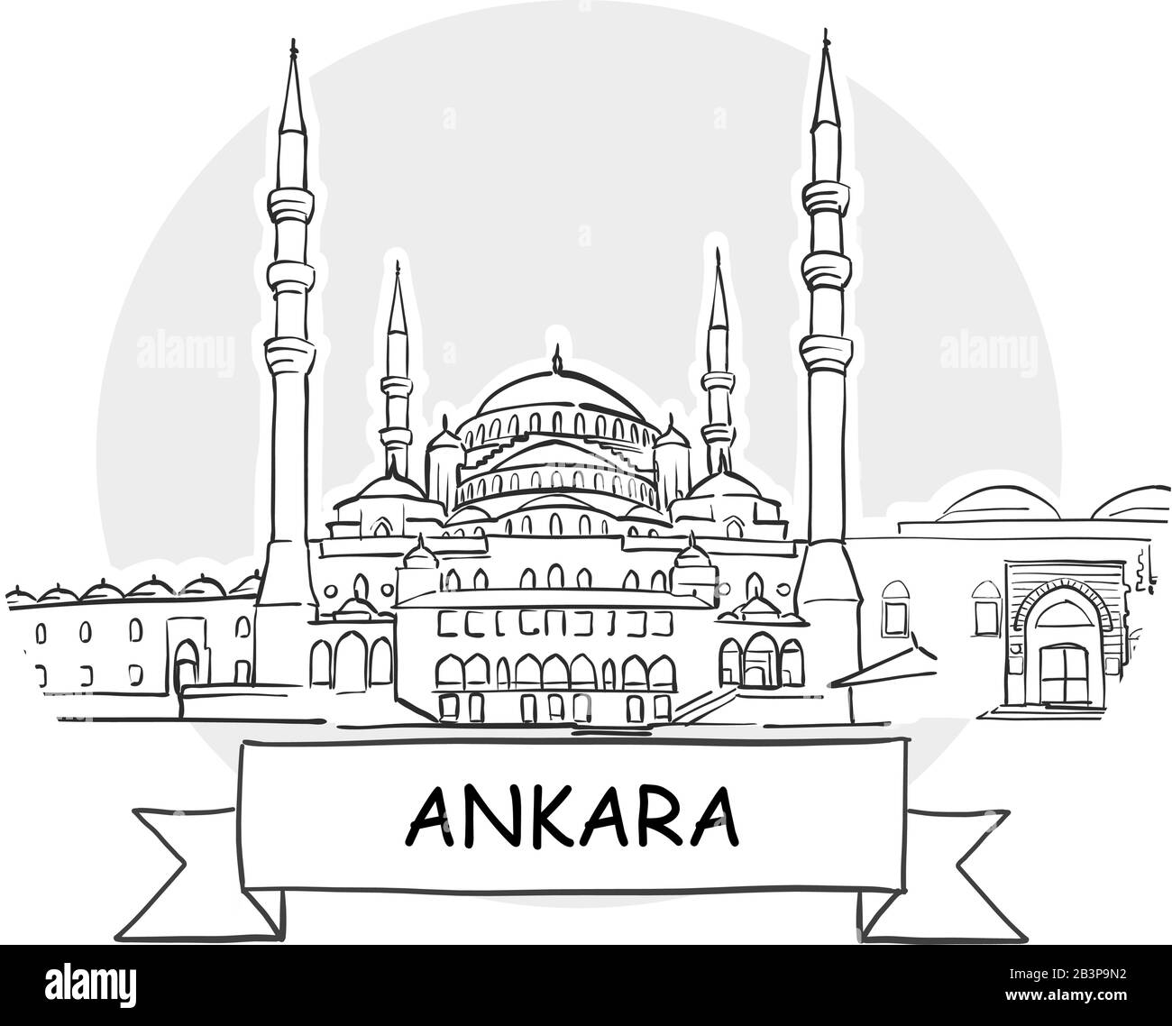 Ankara Cityscape Vector Sign. Line Art Illustration with Ribbon and Title. Stock Vector