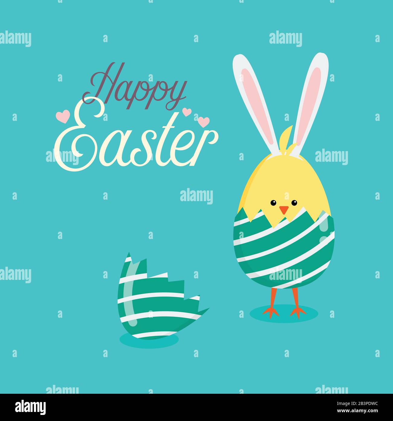 Yellow chicken in cracked eggs. Easter greeting card Stock Vector