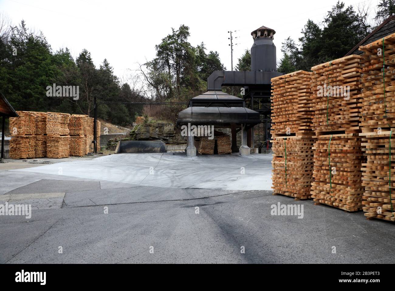 Charcoal production facilities in Jack Daniel's Distillery. charcoal is used in Lincoln County Process to filtering and mellowing the whiskey during the production.Lynchburg.Tennessee.USA Stock Photo
