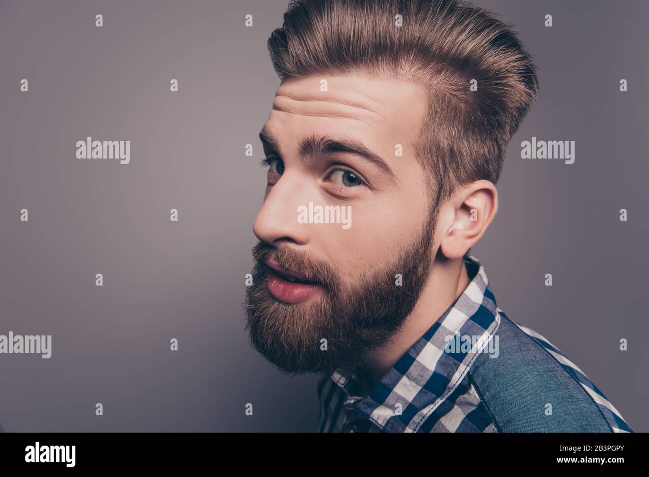 Closeup portrait of funny glad hipster bearded man looking at camera, side-view photo Stock Photo - Alamy Closeup portrait of funny glad hipster bearded man looking at camera, side-view photo Stock Photo - Alamy