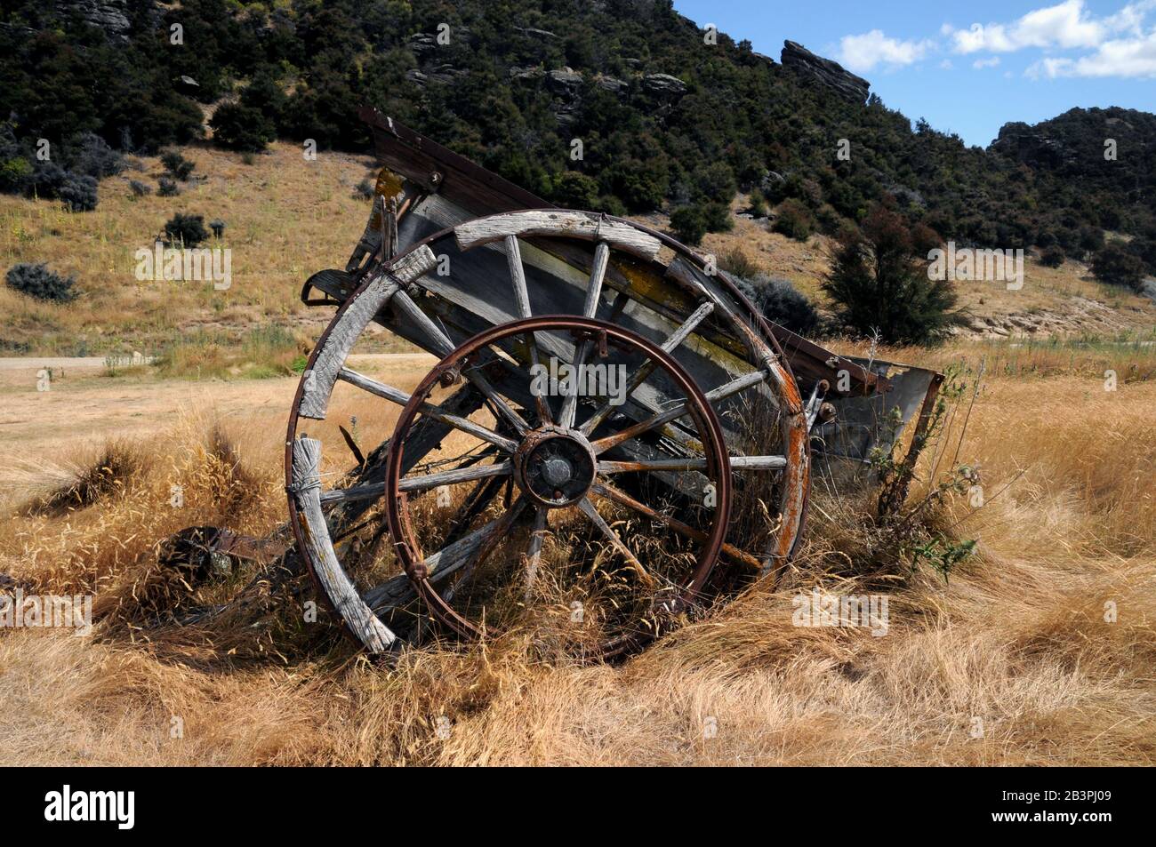 Old wagon remains at the Bendigo Historic Reserve in Central Otago, New