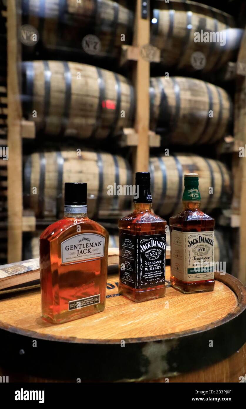 A bottle of Gentleman Jack, Jack Daniel No.7 and Jack Daniels Rye whiskey display in tasting barrelhouse of Jack Daniel's Distillery.Lynchburg.Tennessee.USA Stock Photo