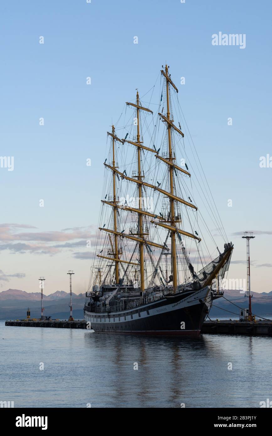 Russian tall ship Pallada in the port of Ushuaia, Argentina Stock Photo