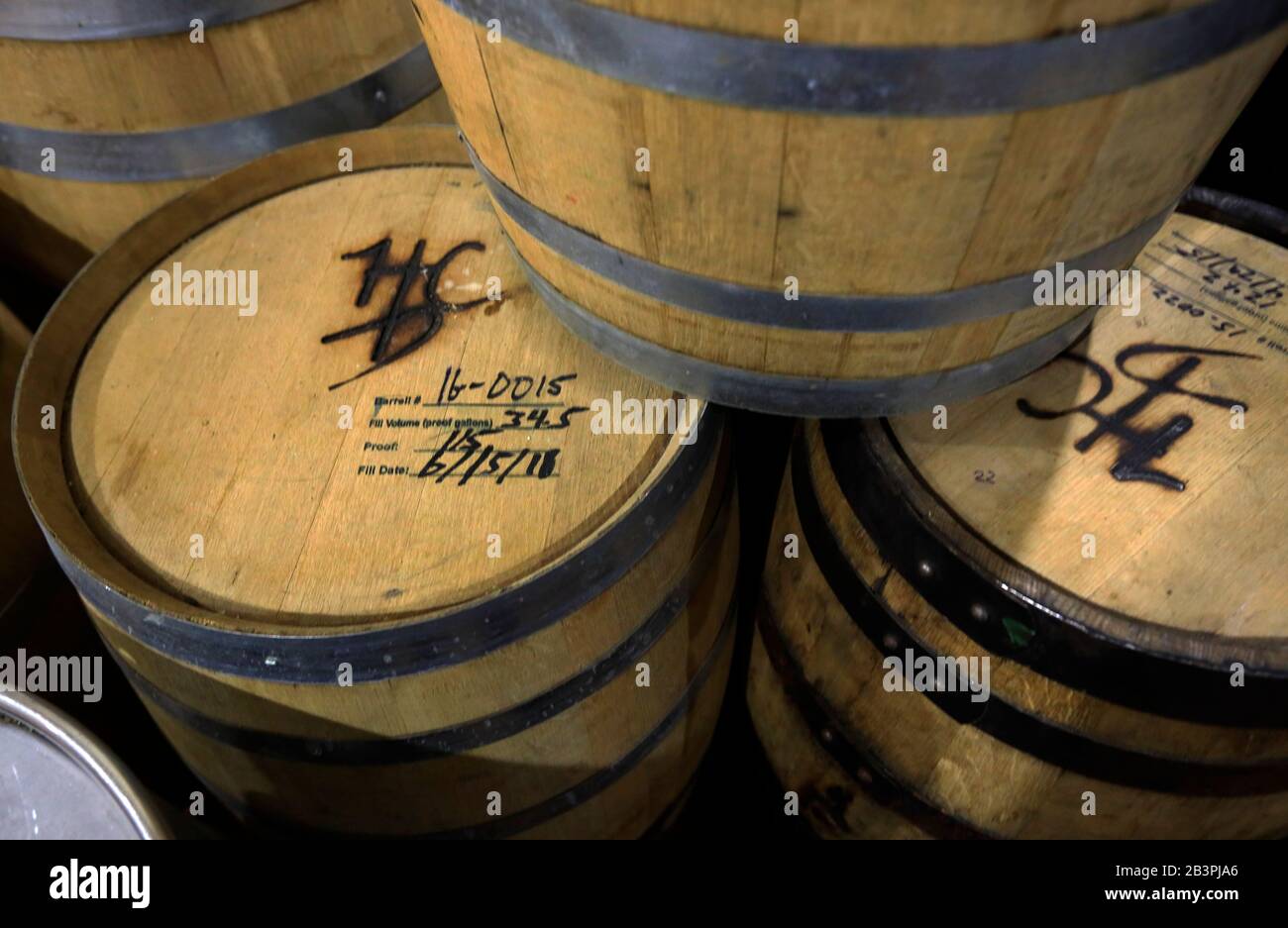 Whiskey barrels with the logo of H Clark Distillery.W.Thompson's Station.Tennessee.USA Stock Photo