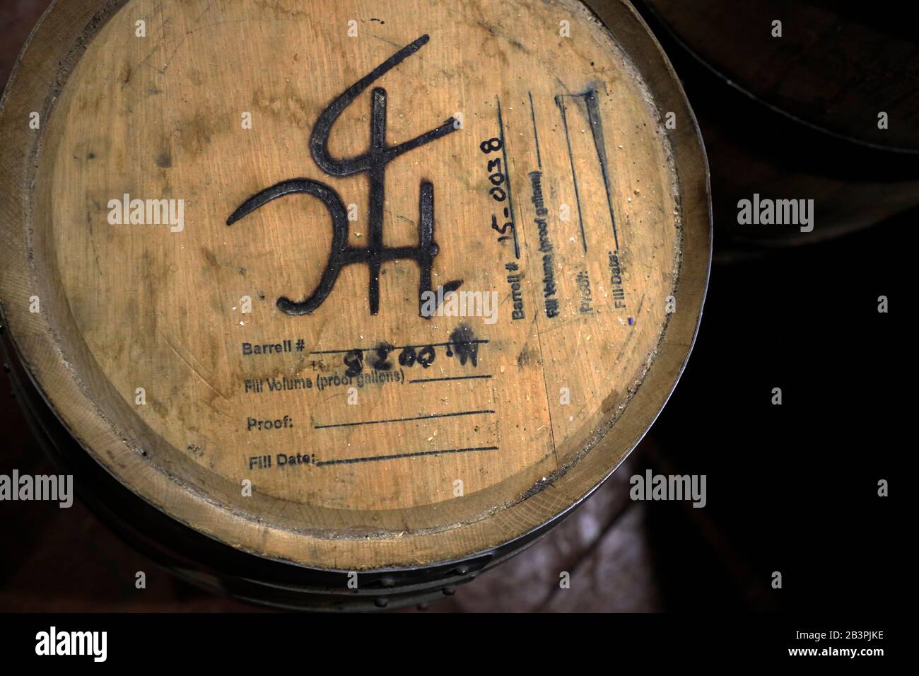 Whiskey barrel with the logo of H Clark Distillery.W.Thompson's Station.Tennessee.USA Stock Photo