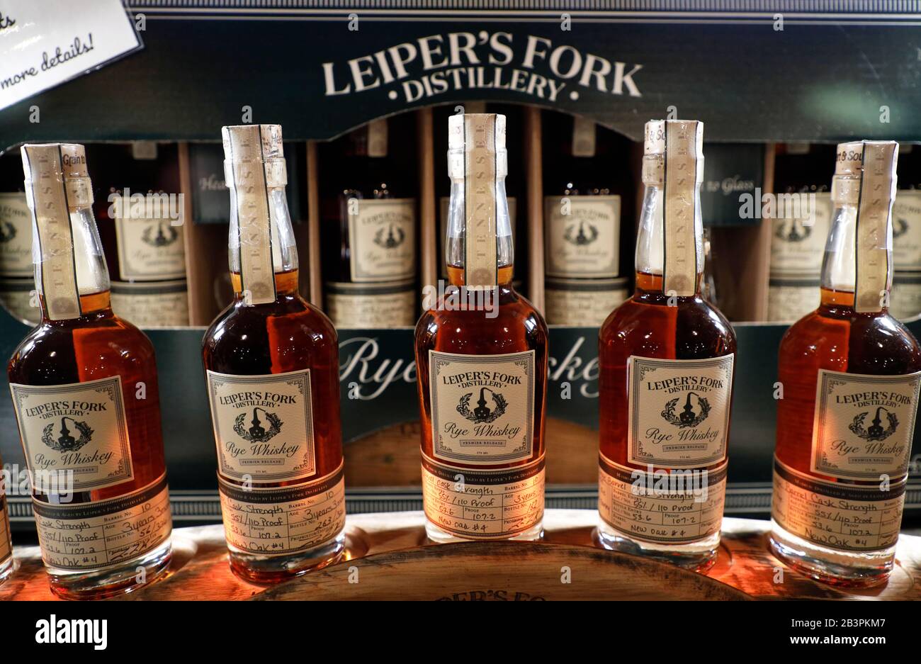 Rye whiskey for sale in gift shop of Leiper's Fork Distillery.Franklin.Tennessee.USA Stock Photo