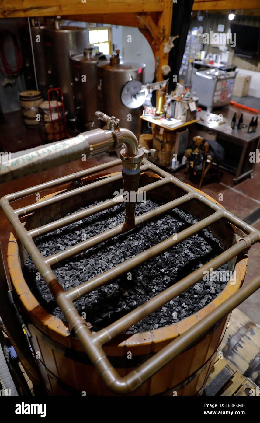 Charcoal filter for filtering Bourbon whiskey in Leiper's Fork Distillery.Franklin.Tennessee.USA Stock Photo