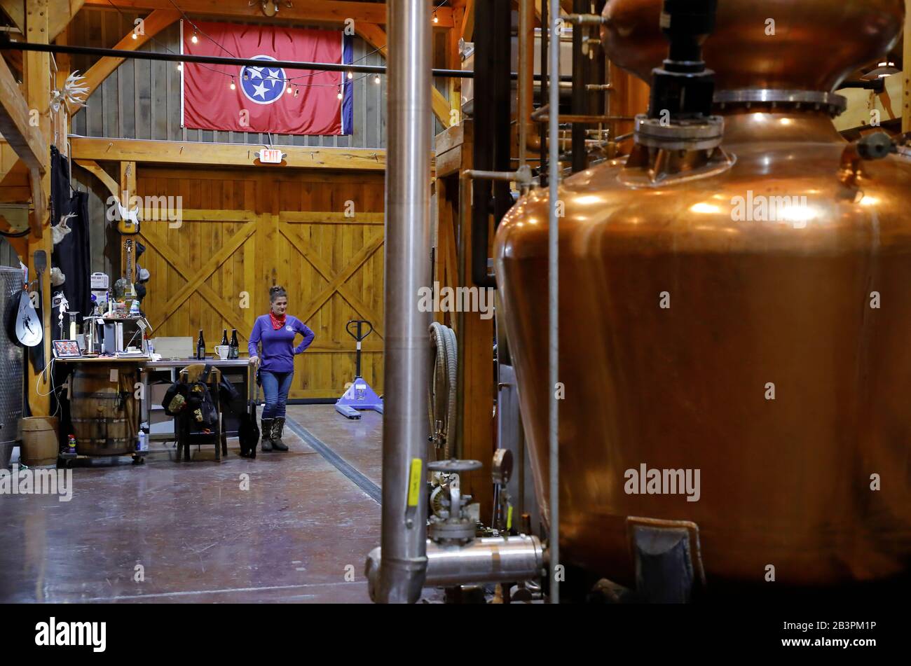 Traditional cooper stills inside of Leiper's Fork Distillery.Franklin.Tennessee.USA Stock Photo