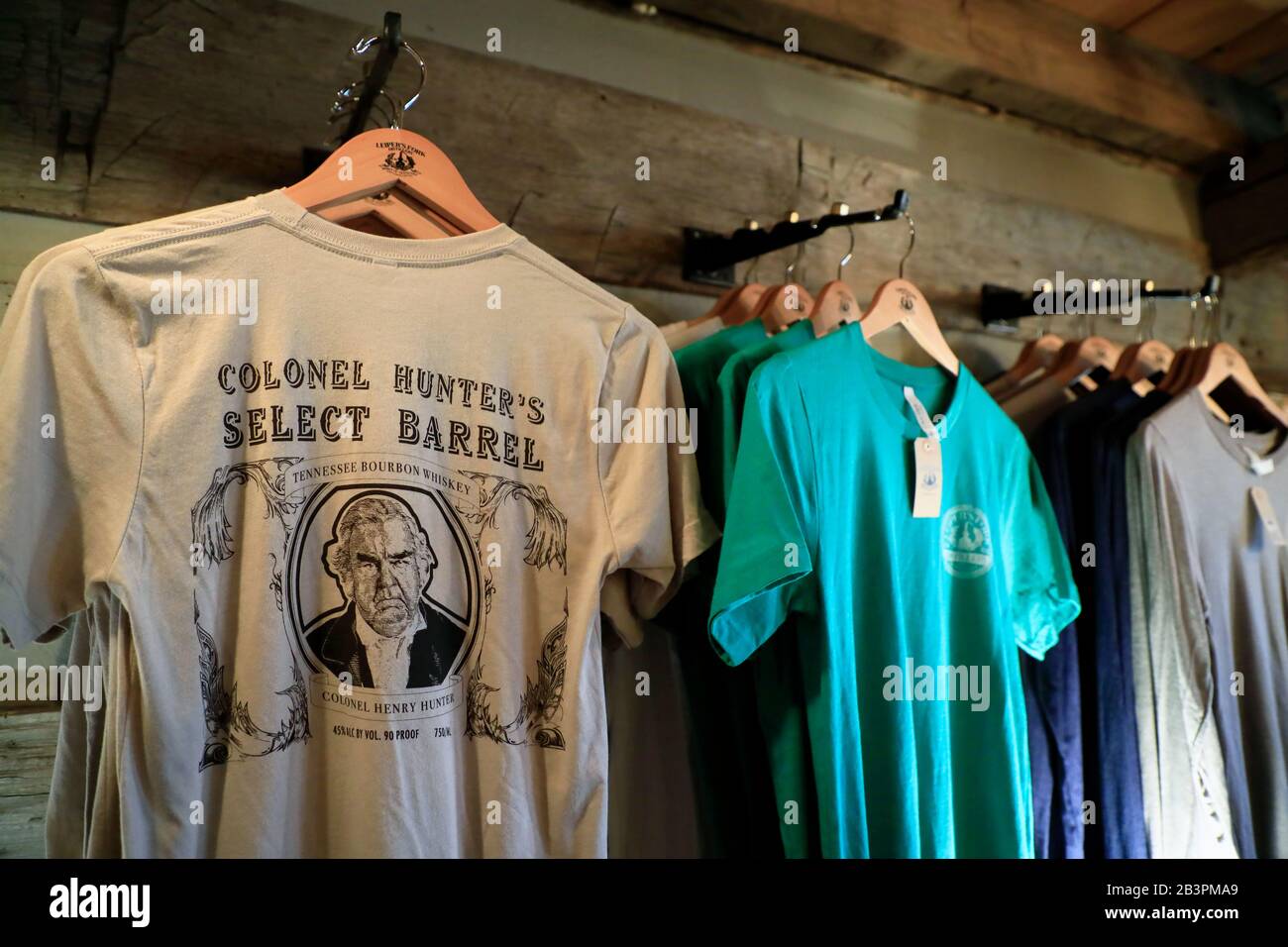 Souvenir t-shirts for sale in the gift shop of Leiper's Fork Distillery.Leiper's Fork.Tennessee.USA Stock Photo