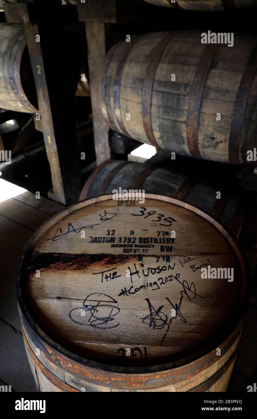 A signed barrel of Bourbon Whiskey stored in the warehouse rack house of Barton 1792 distillery. Bardstown.Kentucky.USA Stock Photo