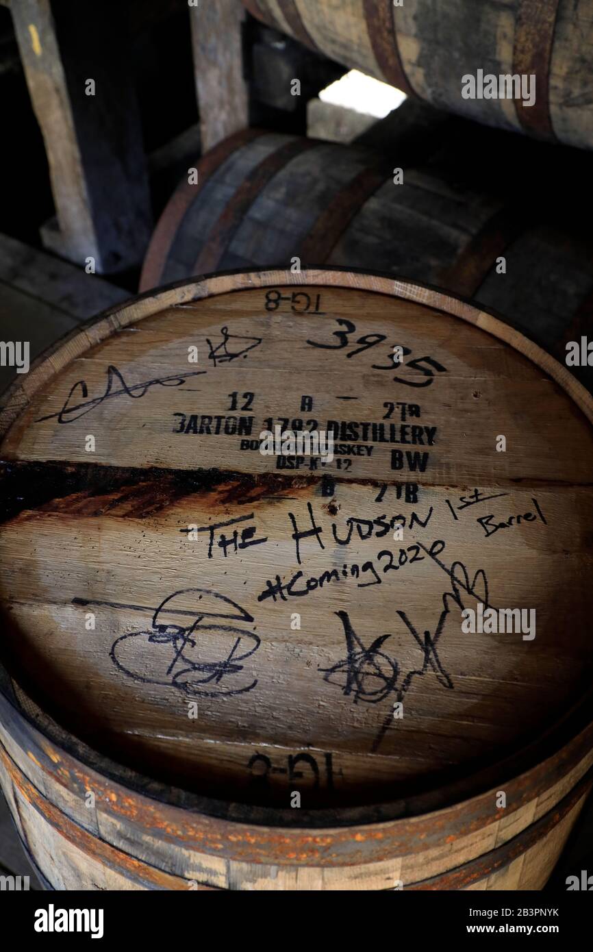 A signed barrel of Bourbon Whiskey stored in the warehouse rack house