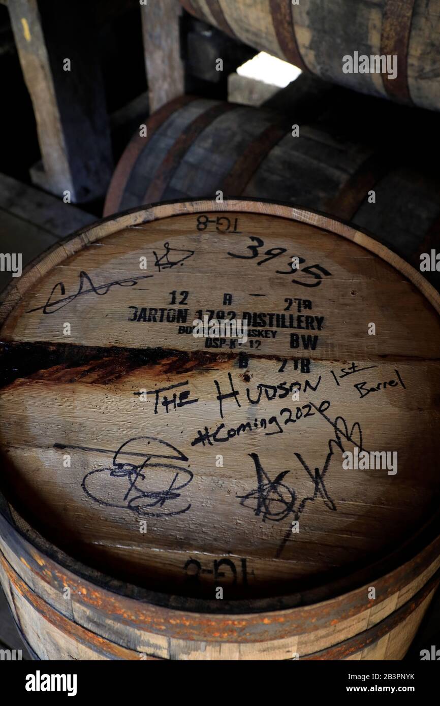 A signed barrel of Bourbon Whiskey stored in the warehouse rack house of Barton 1792 distillery. Bardstown.Kentucky.USA Stock Photo