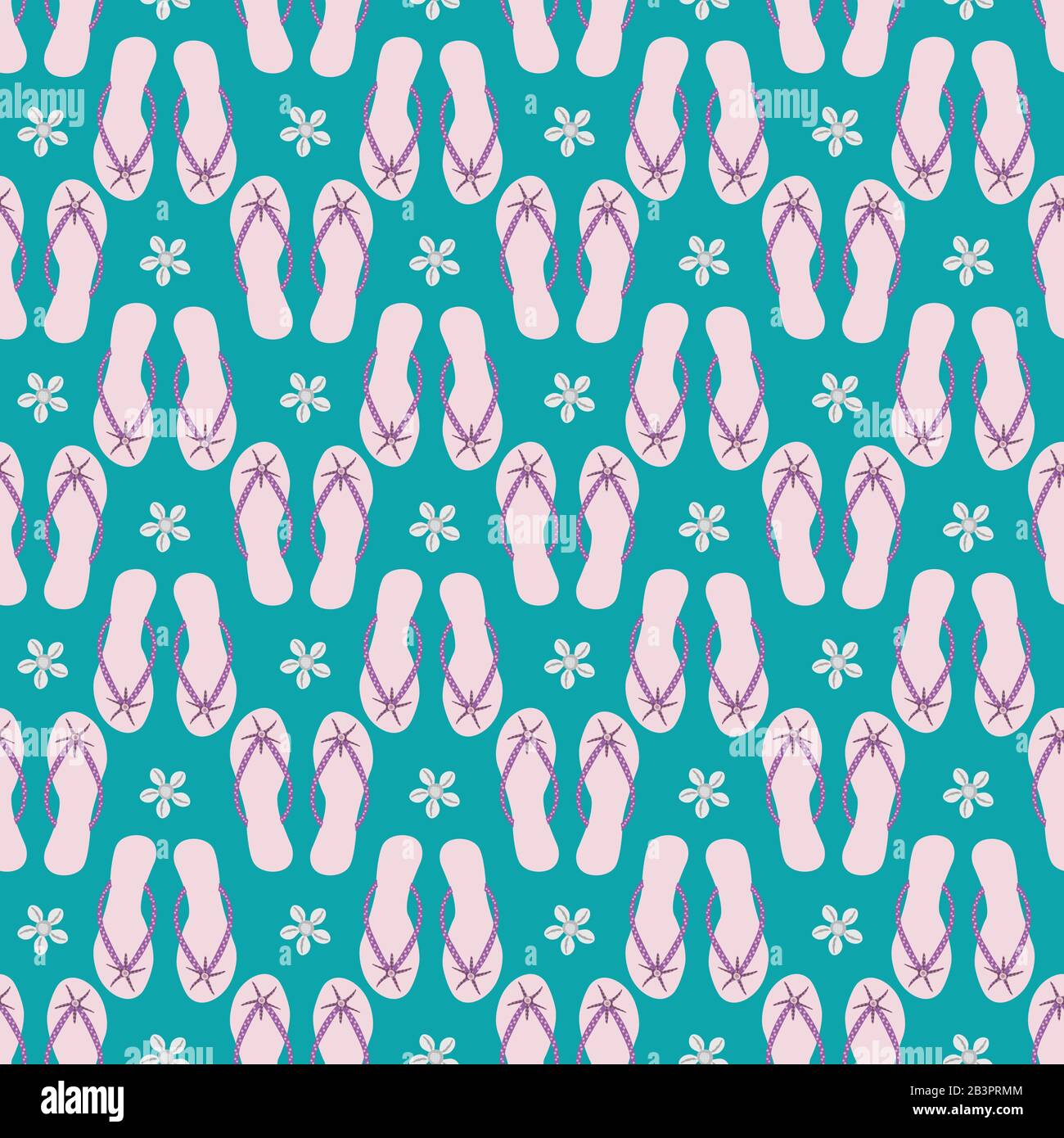 Flip flop shoe on seamless vector pattern background. Elegant sandals with marine decorations oceanside backdrop. Pastel pink and teal shades. Summer Stock Vector