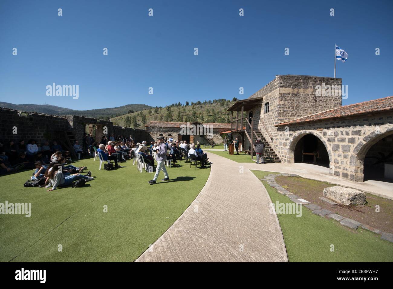 A group of students and scholars attend a service in the memory of the battle of Tel-Hai in 1920, a landmark battle in the history of the Arab-Israeli conflict. Stock Photo