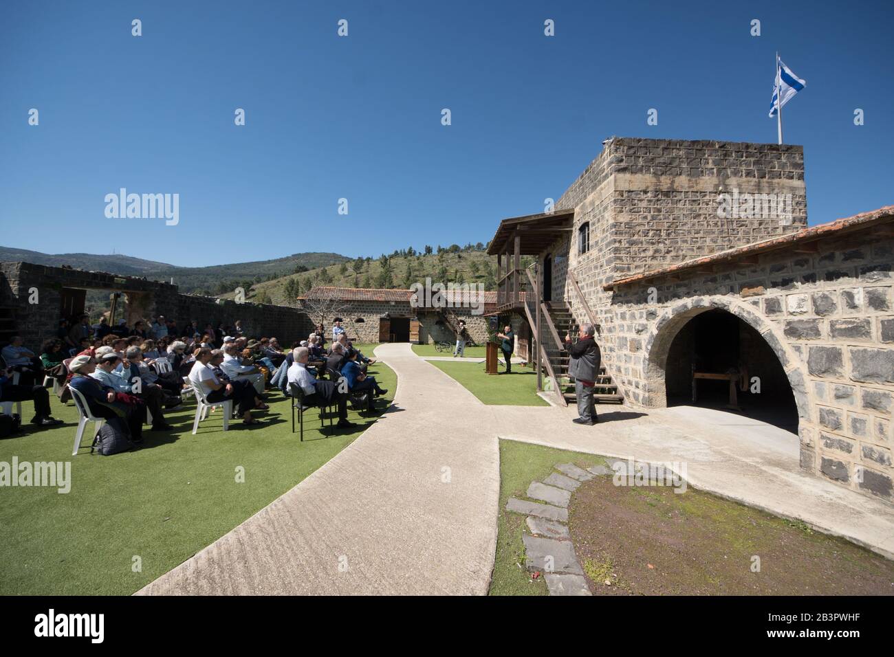 A group of students and scholars attend a service in the memory of the battle of Tel-Hai in 1920, a landmark battle in the history of the Arab-Israeli conflict. Stock Photo