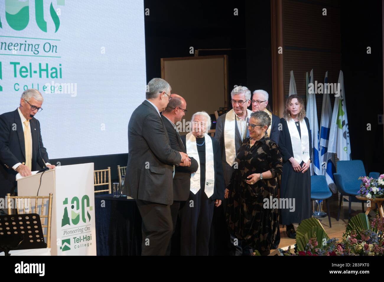 A ceremony in the Tel-Hai academic college, honoring Rachel Rabin (A Famous Zionist, sister of former prime ministerYitzhak Rabin) and Sir Steven Walley-Cohen, chairman of JCA (Jewish Colonization Association, known also as ICA) Stock Photo