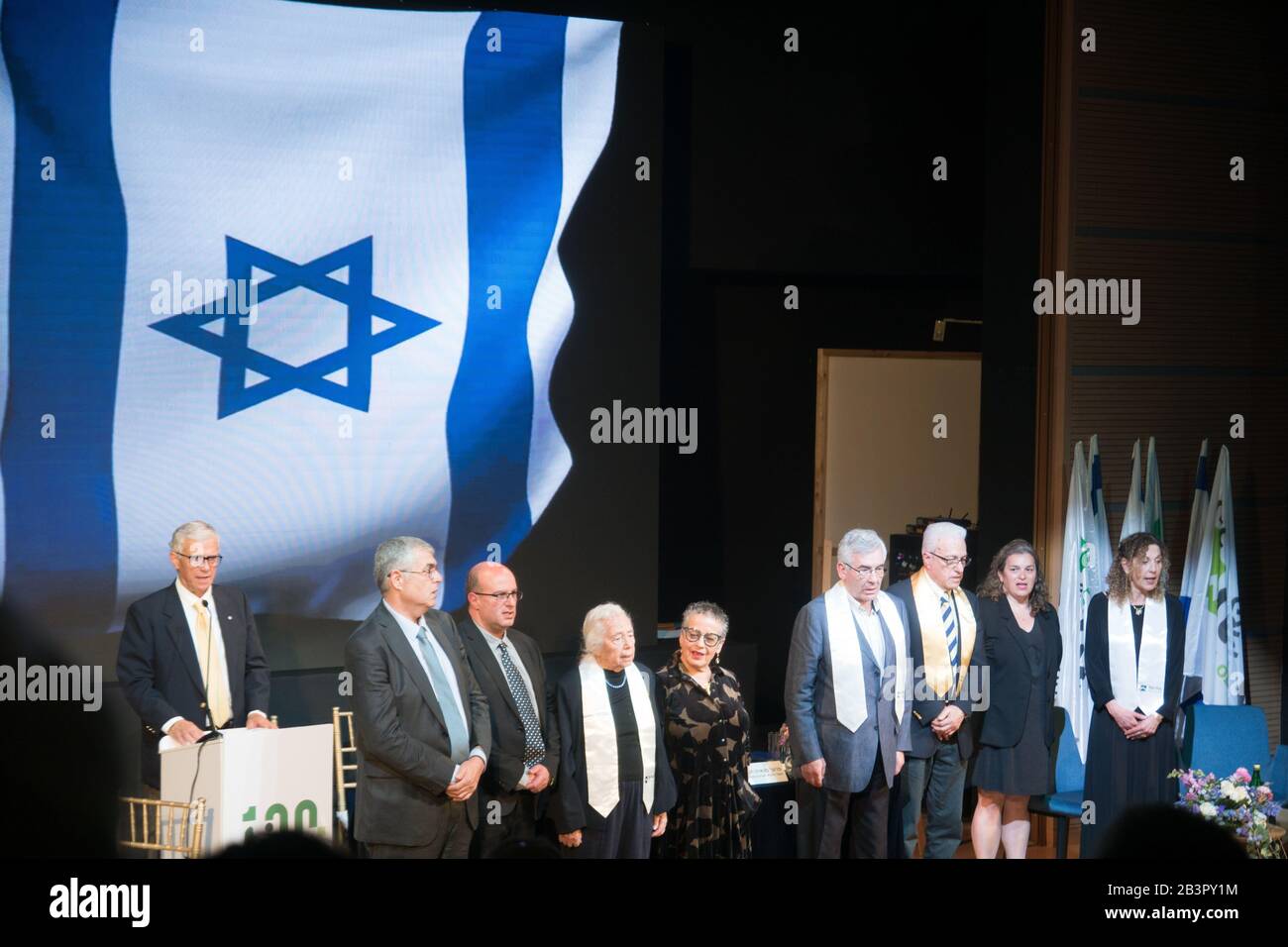 A groups sings 'Hatikva', Israeli national anthem, during a  ceremony in the Tel-Hai academic college, honoring Rachel Rabin (A Famous Zionist, sister of former prime ministerYitzhak Rabin) and Sir Steven Walley-Cohen, chairman of JCA (Jewish Colonization Association, known also as ICA) Stock Photo