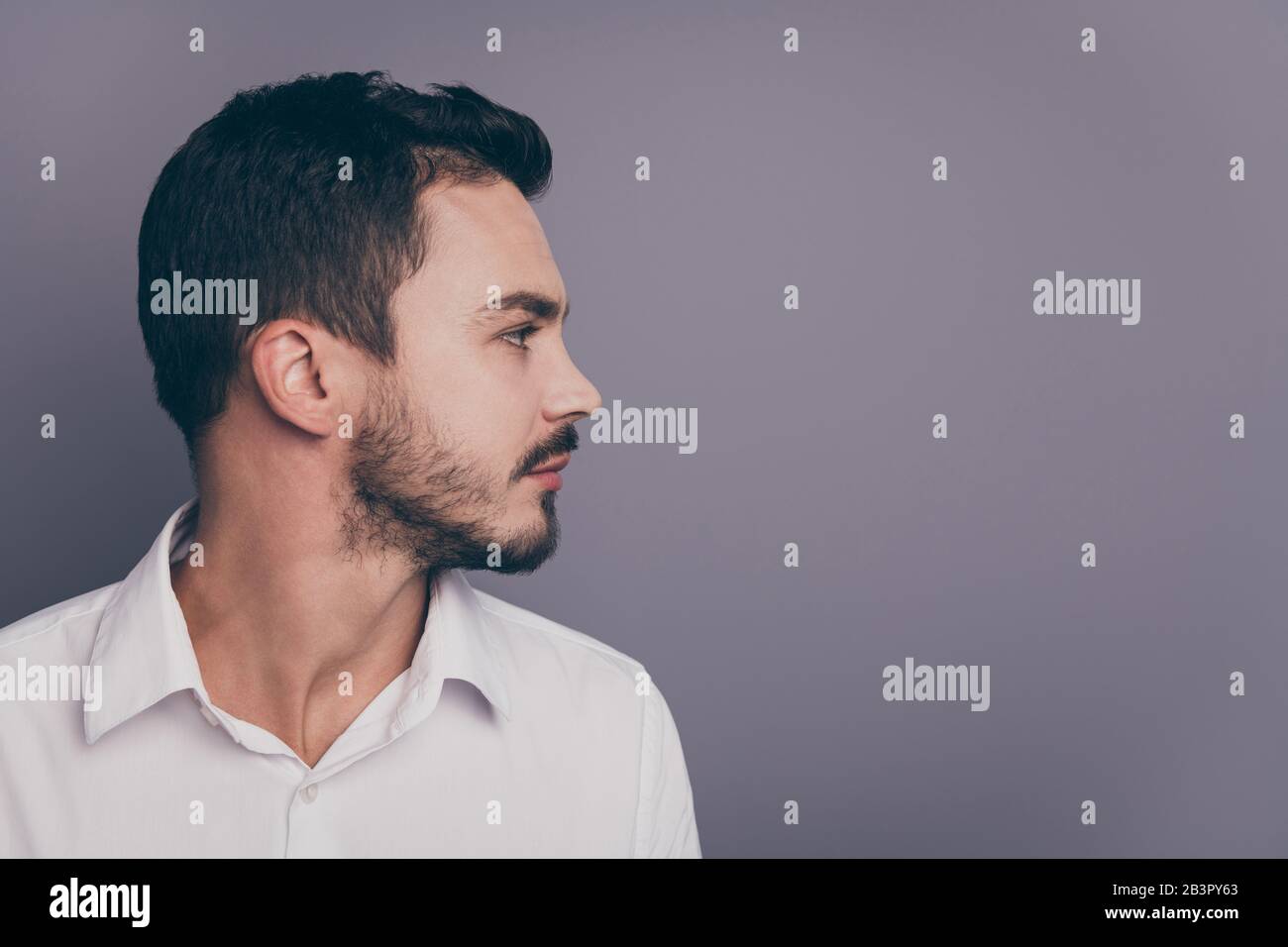 Closeup profile photo of young handsome serious business man look side empty space showing perfect ideal neat groomed beard wear white office shirt Stock Photo