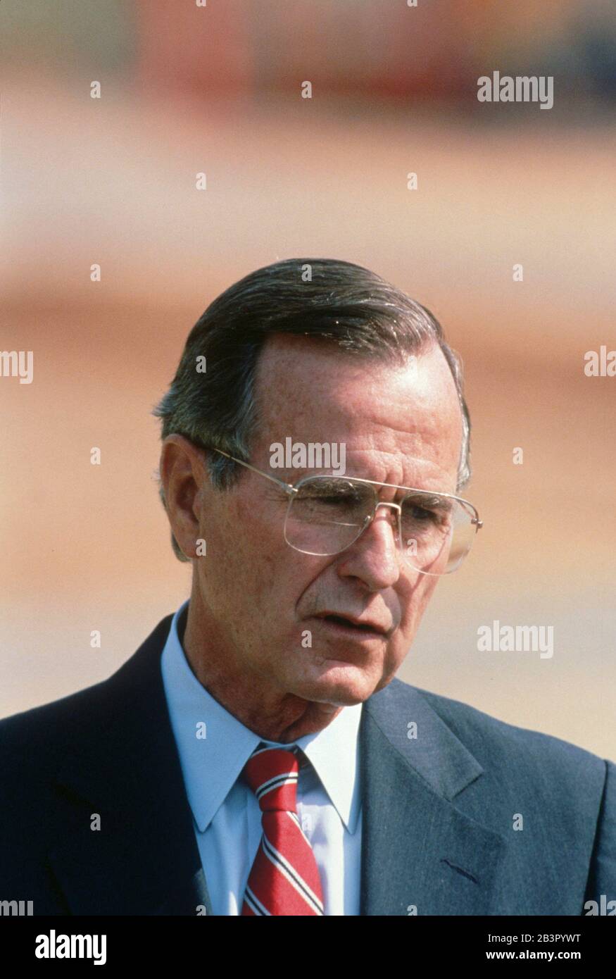 Karnack, Texas: Vice President George H. W. Bush speaking at a ceremony preceding the destruction of 2 Pershing missiles at the Longhorn Army Ammunition Plant. The destruction, called for by an INF treaty between the United States and the Soviet Union, was witnessed by several USSR observers . ©Bob Daemmrich Stock Photo