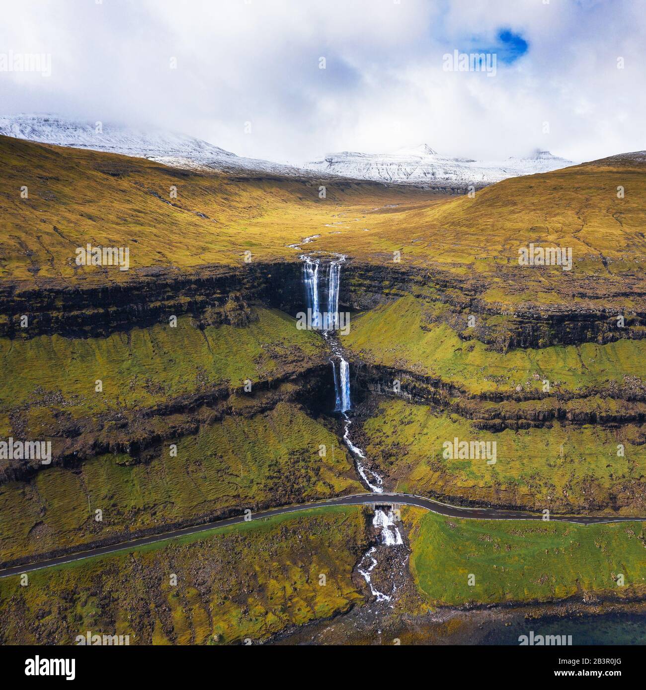 Aerial view of the Fossa Waterfall on island Bordoy in the Faroe Islands Stock Photo