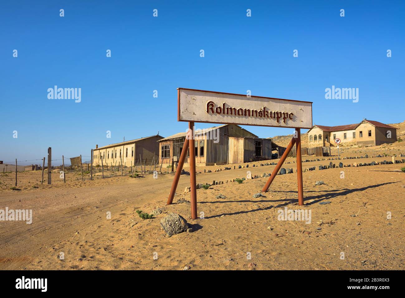 Welcome sign at the ghost town of Kolmanskop, Namibia Stock Photo