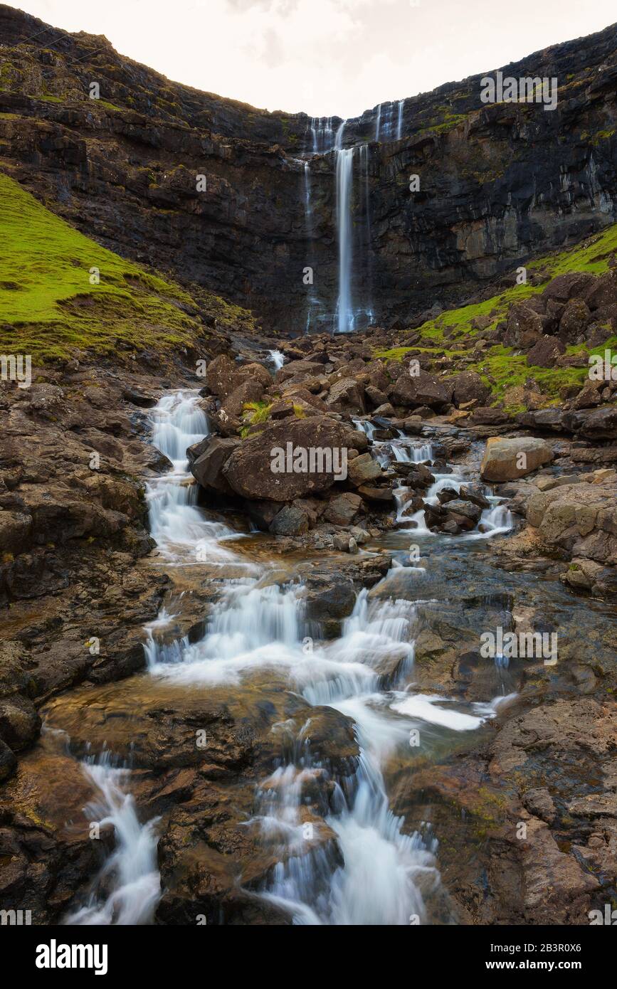 Fossa Waterfall on island Bordoy in the Faroe Islands Stock Photo