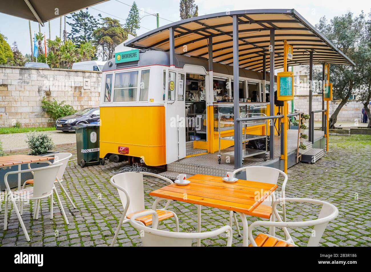 a tram cafe with no body in belem lisbon portugal Stock Photo