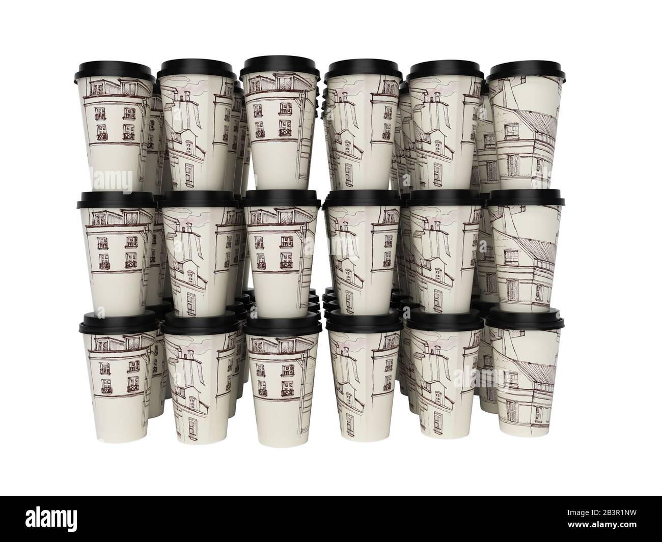3d rendering of group of disposable paper cups on white background no ...