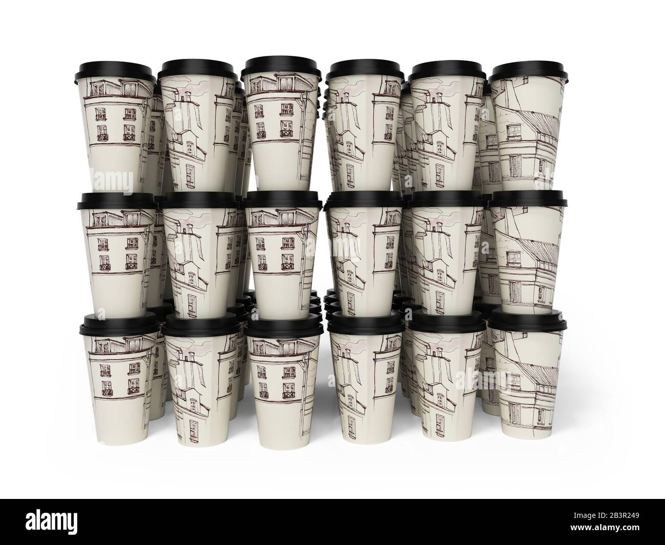 3d rendering of group of disposable paper cups on white background with ...