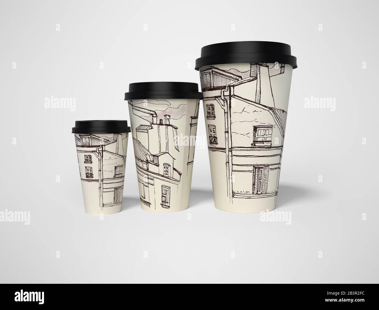 3d rendering of group of disposable paper cups with city texture on ...