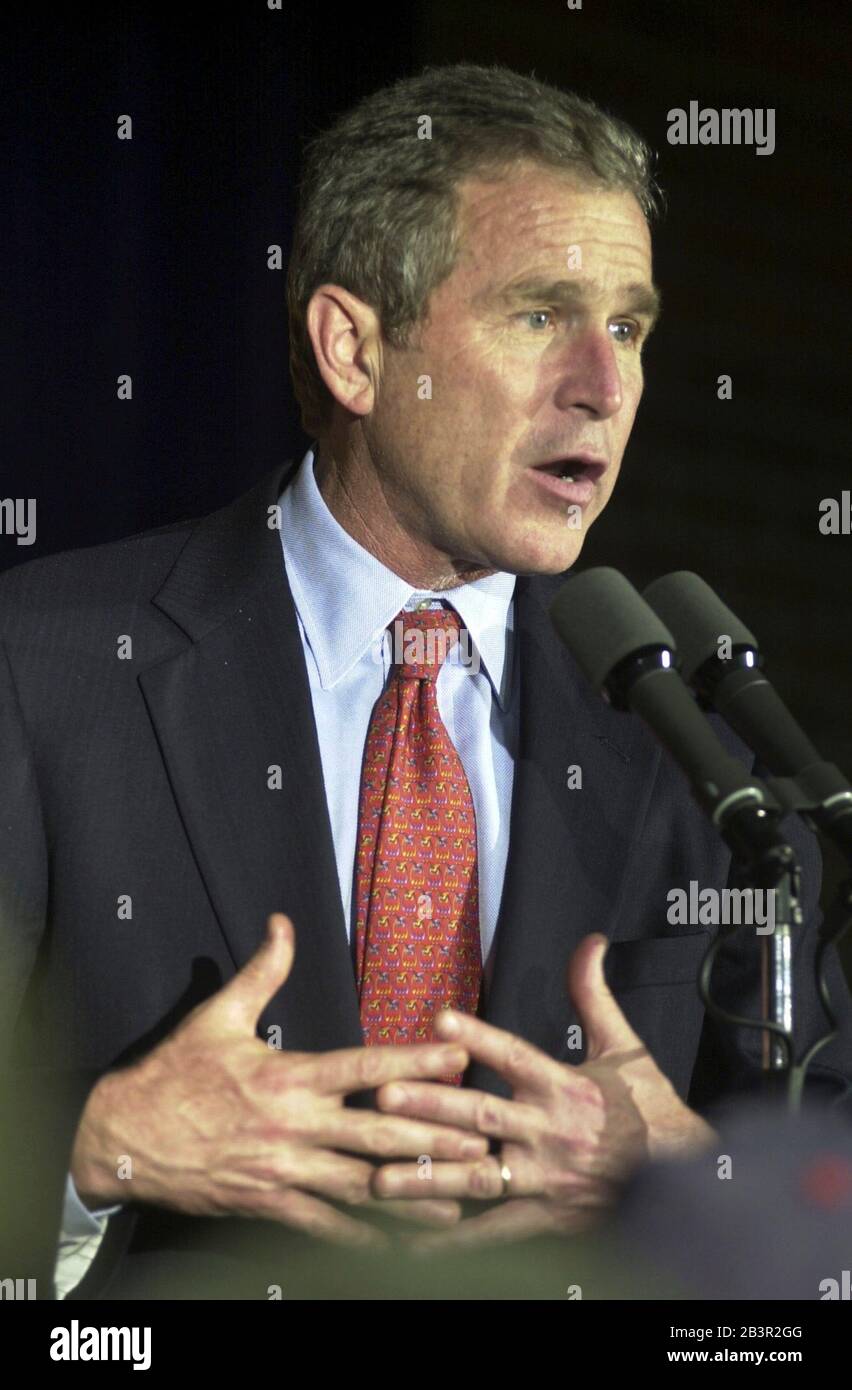 Texas Governor W. Bush talks at a community reception at a local