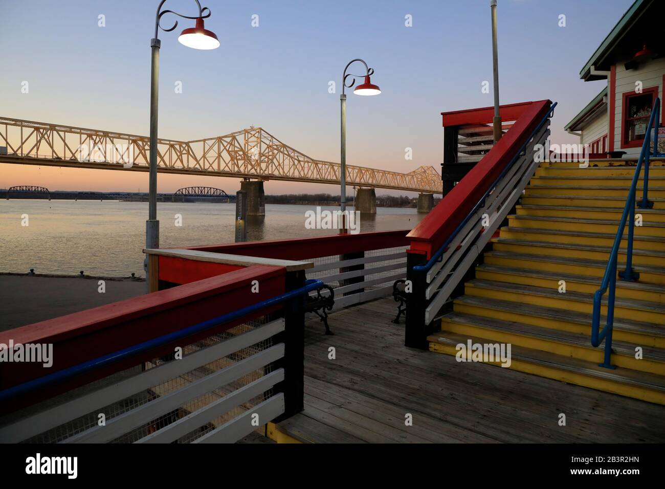 The view of George Rogers Clark Memorial Bridge over Ohio River at dusk from Louisville Waterfront Park.Louisville.Kentucky.USA Stock Photo