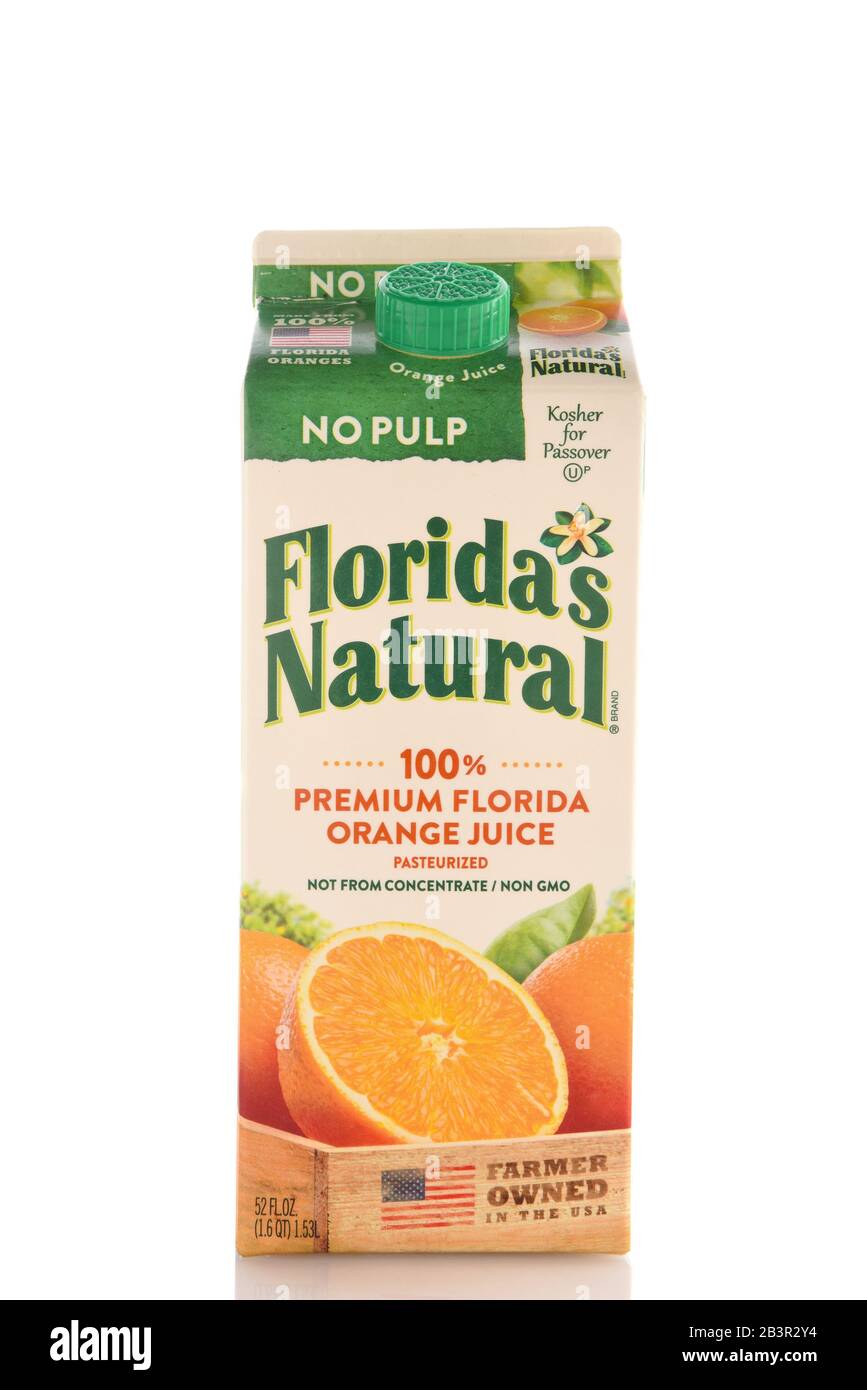 IRVINE, CALIFORNIA - MAY 6, 2019: A 52 ounce container of Floridas Natural Premium Florida Orange Juice with No Pulp. Stock Photo