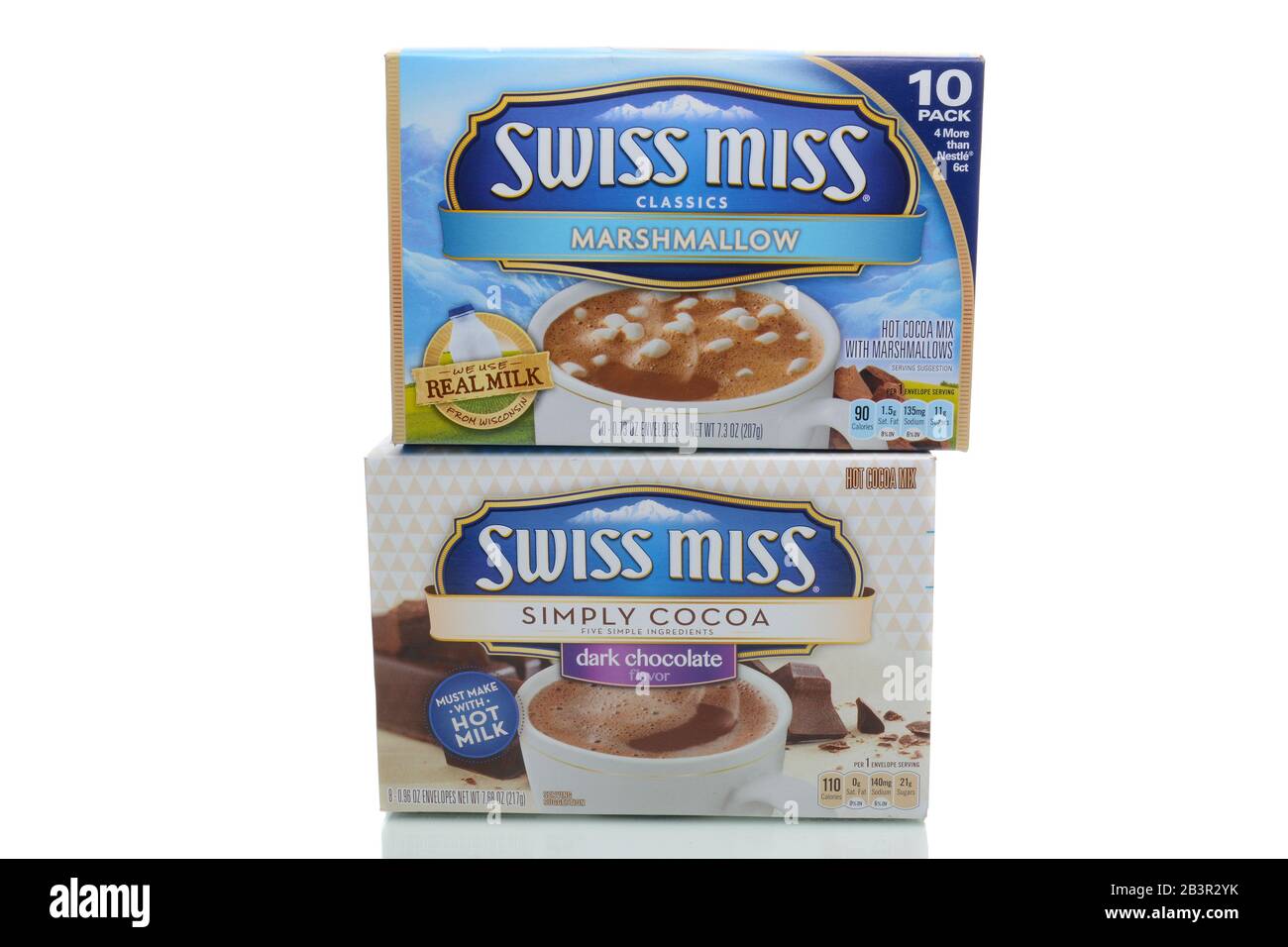 IRVINE, CA - JANUARY 4, 2018: Swiss Miss Hot Cocoa Mix. Swiss Miss is made with fresh milk from local farms, blended with premium imported cocoa. Stock Photo