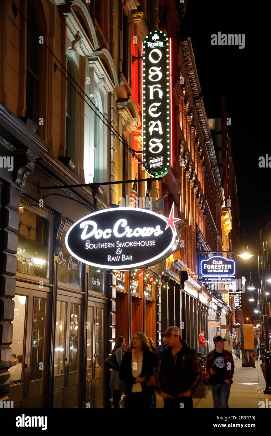 Night view of Whiskey Row in historic downtown Louisville.Kentucky.USA