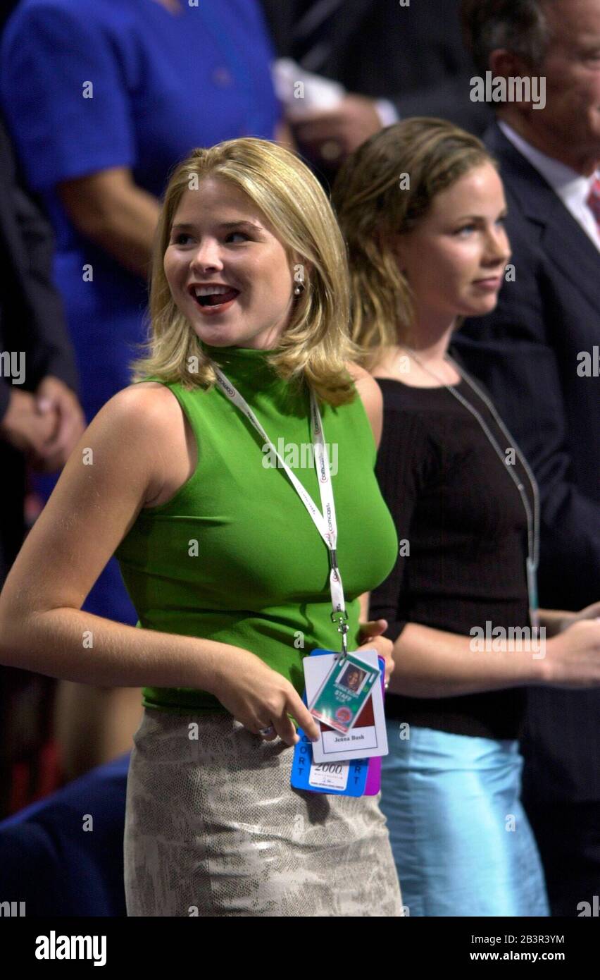 Philadelphia, Pennsylvania USA, 03AUG2000: Teenage twins Jenna (left) and Barbara Bush watch as their father, Texas Governor George W. Bush, wins enough delegates' votes to secure the Republican nomination for presidential candidate at the Republican National Convention. ©Bob Daemmrich Stock Photo