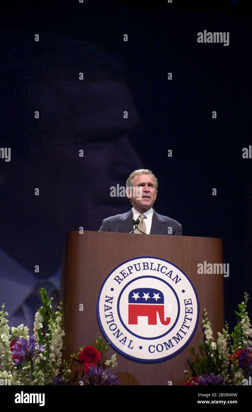 Philadelphia, Pennsylvania 04AUG2000: Texas Gov. George W. Bush giving acceptance speech for Republican presidential nomination at the Republican National Convention. ©Bob Daemmrich Stock Photo