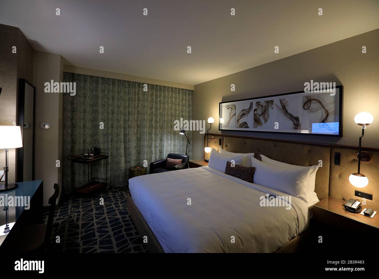 Interior view of the guest room of Hotel Distil Autograph Collection.Louisville.Kentucky.USA Stock Photo