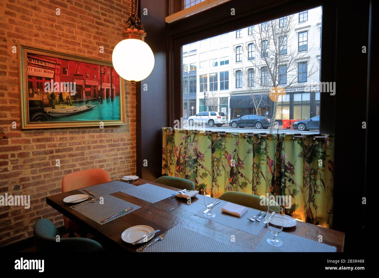 Interior view of Proof on Main the restaurant decorated with contemporary art works in 21C Museum Hotel.Louisville.Kentucky.USA Stock Photo